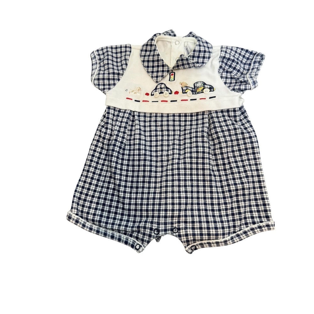 Vintage First Impressions Romper Baby Boys 3-6 Months Blue Gingham Car One Piece